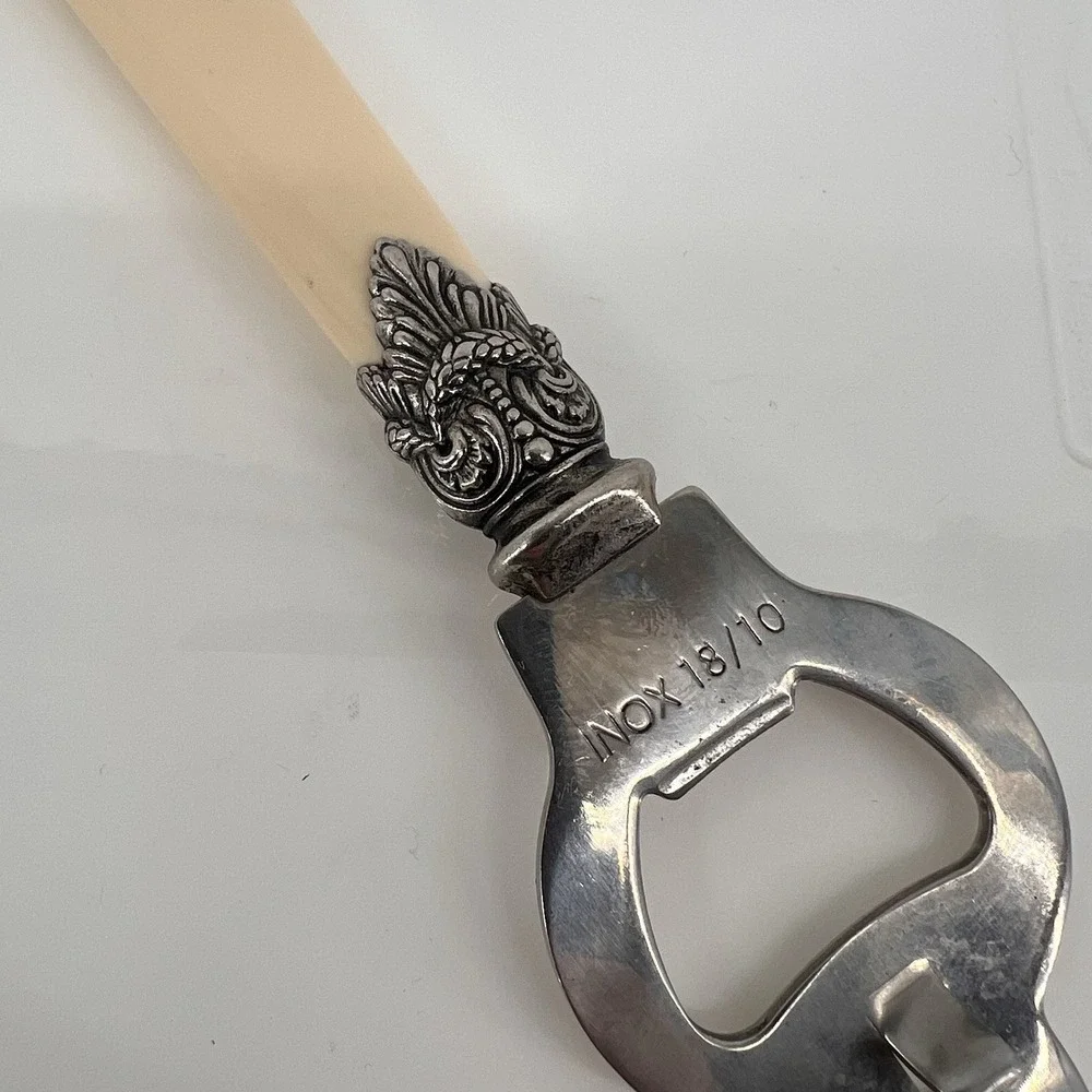 Vintage INOX 18/10 Bottle Opener Ornate Metal Cream‎ Handle Barware Bar